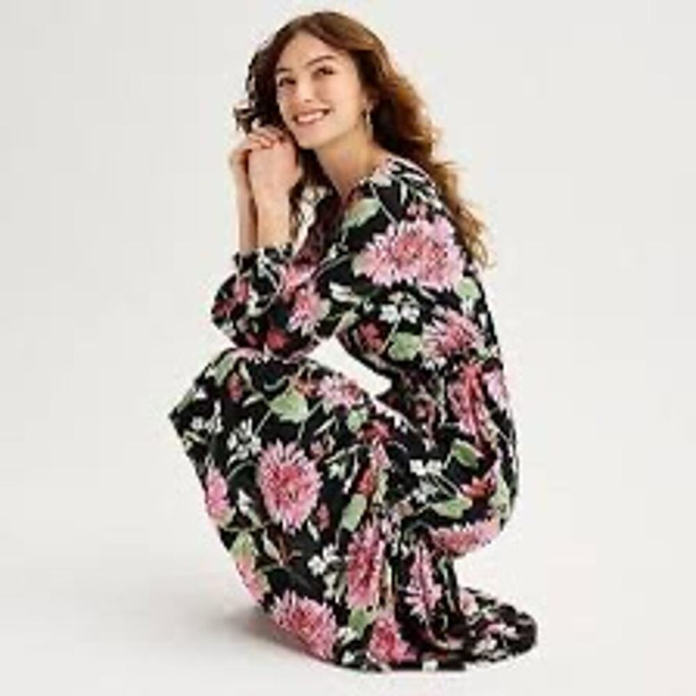 Draper James Long Sleeve Tiered Midi v-neck Dress black pink cottagecore medium - Picture 2 of 9